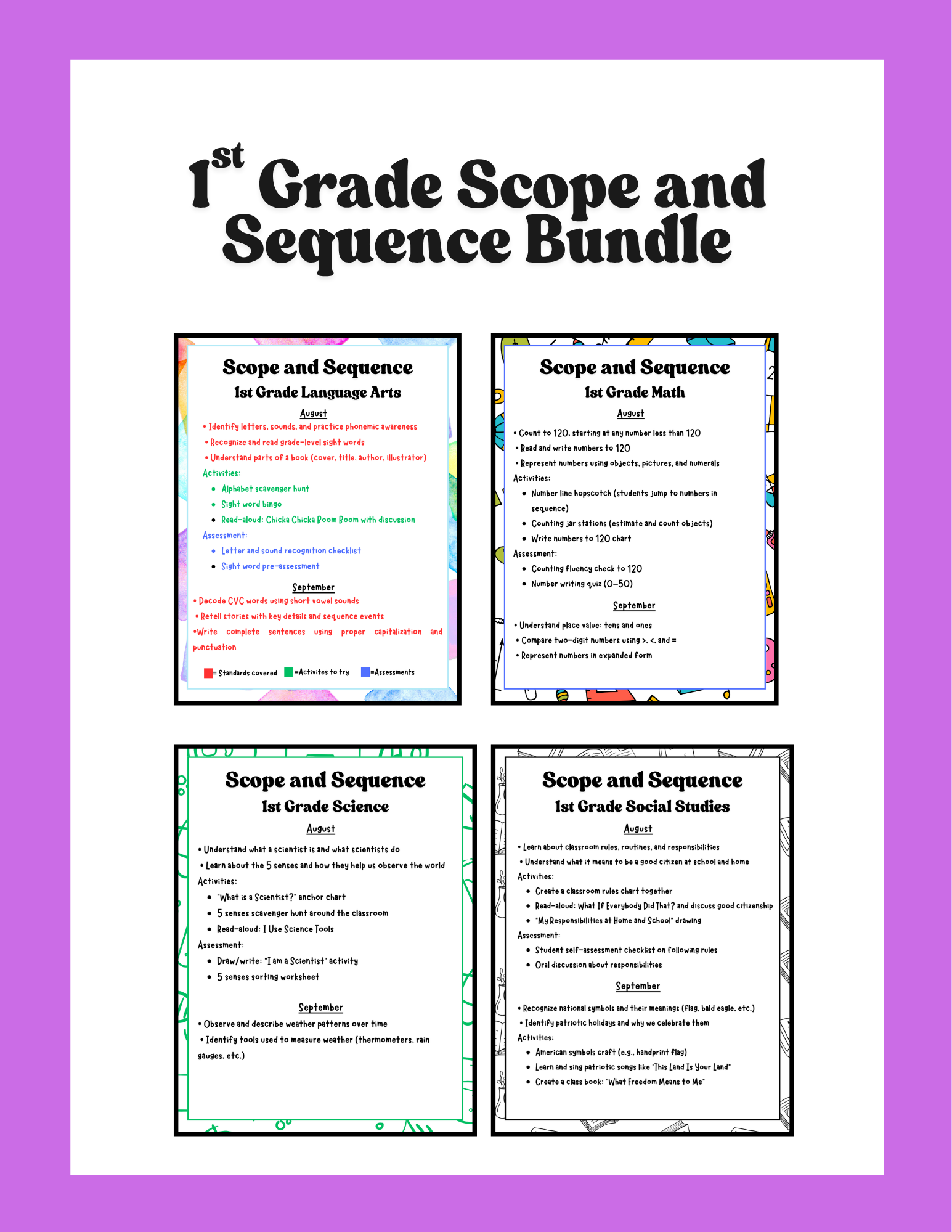 First grade curriculum pacing guide bundle from Happy Suns Learning Co., featuring sequential educational planning pages.