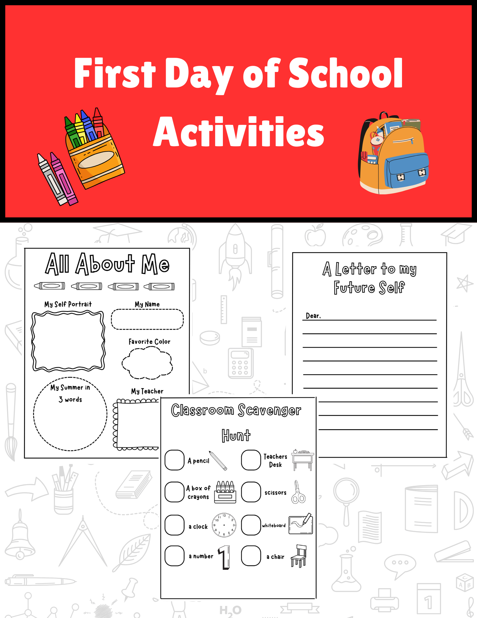 AllAboutMe activity sheet for first day of school, featuring colorful prompts and space for student to share about themselves.