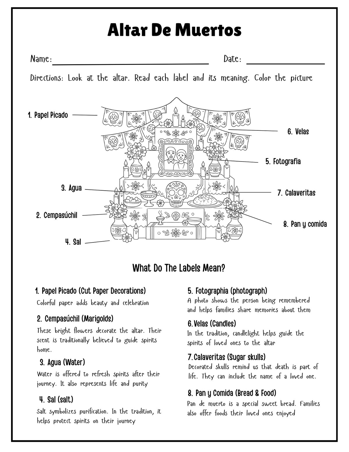 Colorful Dia de los Muertos activity pack featuring an altar, coloring pages, and writing worksheets by Happy Suns Learning Co.