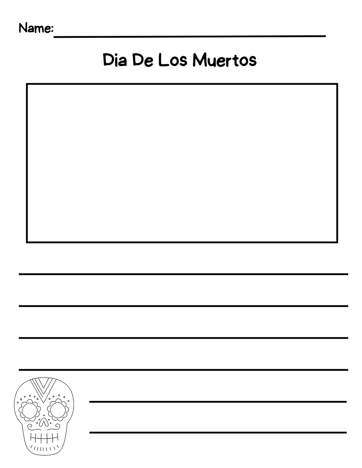 Colorful Dia de los Muertos activity pack featuring altar decorations, coloring pages, and writing worksheets by Happy Suns Learning Co.