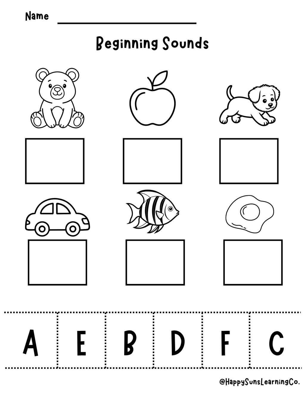 Beginning and ending sounds phonics worksheet by Happy Suns Learning Co. featuring colorful alphabet exercises for early reading.