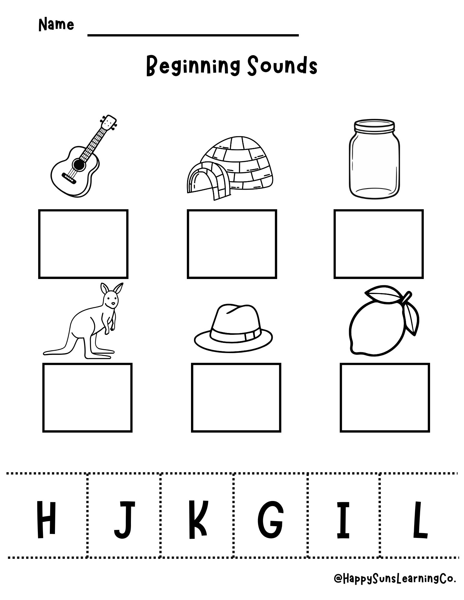 Beginning and ending sounds phonics worksheet from Happy Suns Learning Co. featuring colorful illustrations for early reading practice.