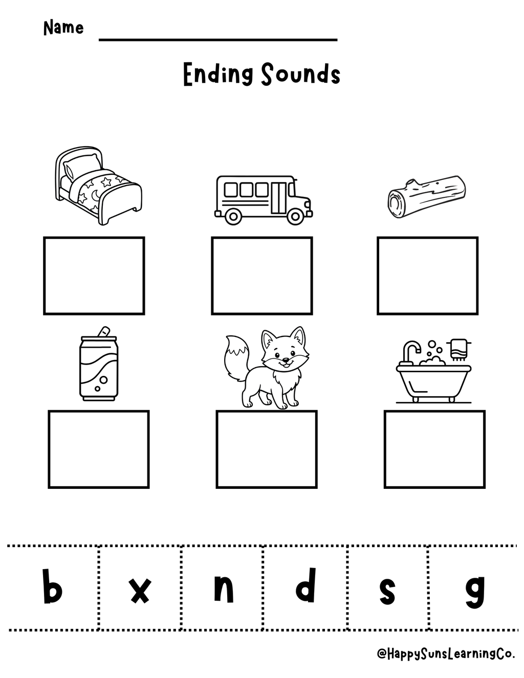 Beginning and ending sounds phonics worksheet from Happy Suns Learning Co. with colorful letters and illustrations for early reading skills.