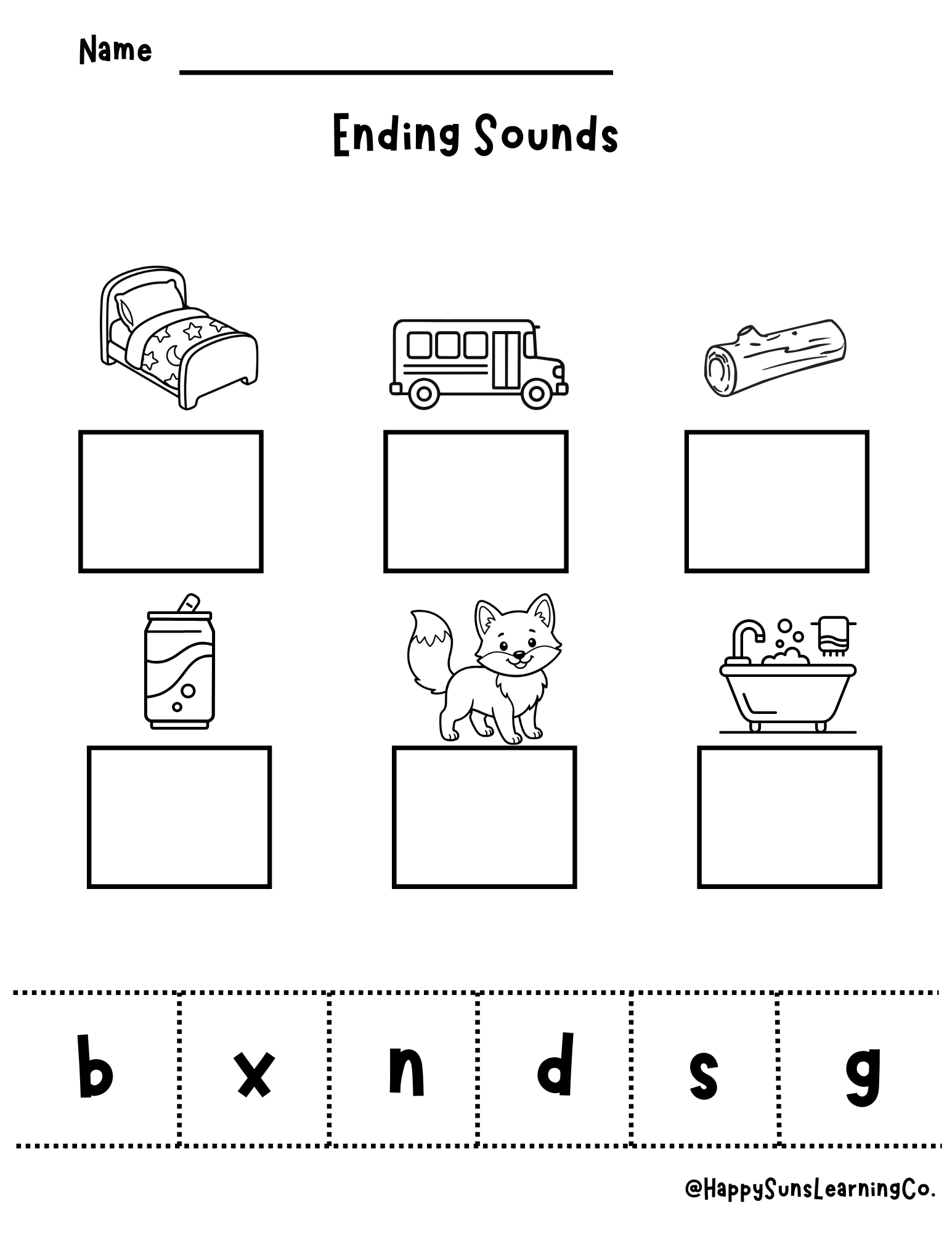 Beginning and ending sounds phonics worksheet from Happy Suns Learning Co. with colorful letters and illustrations for early reading skills.