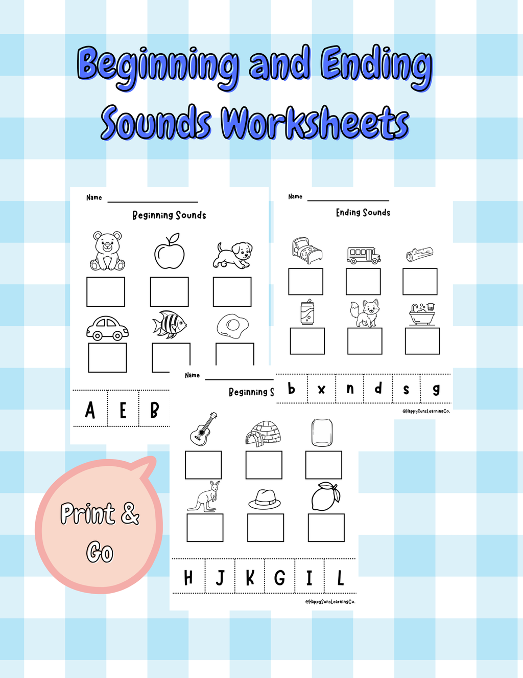 Beginning and ending sounds phonics worksheets by Happy Suns Learning Co. featuring colorful activity pages for early reading practice.