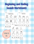 Beginning and ending sounds phonics worksheets by Happy Suns Learning Co. featuring colorful activity pages for early reading practice.