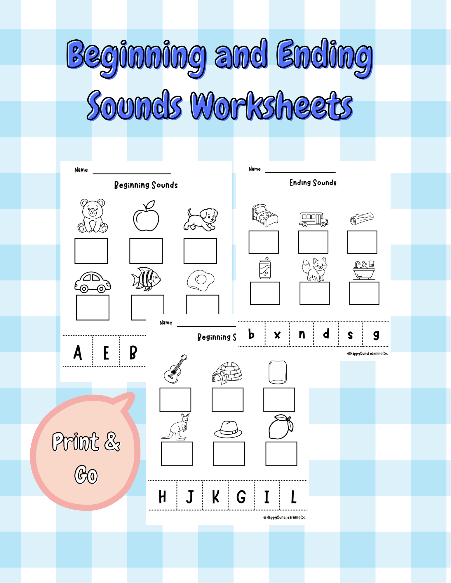 Beginning and ending sounds phonics worksheets by Happy Suns Learning Co. featuring colorful activity pages for early reading practice.