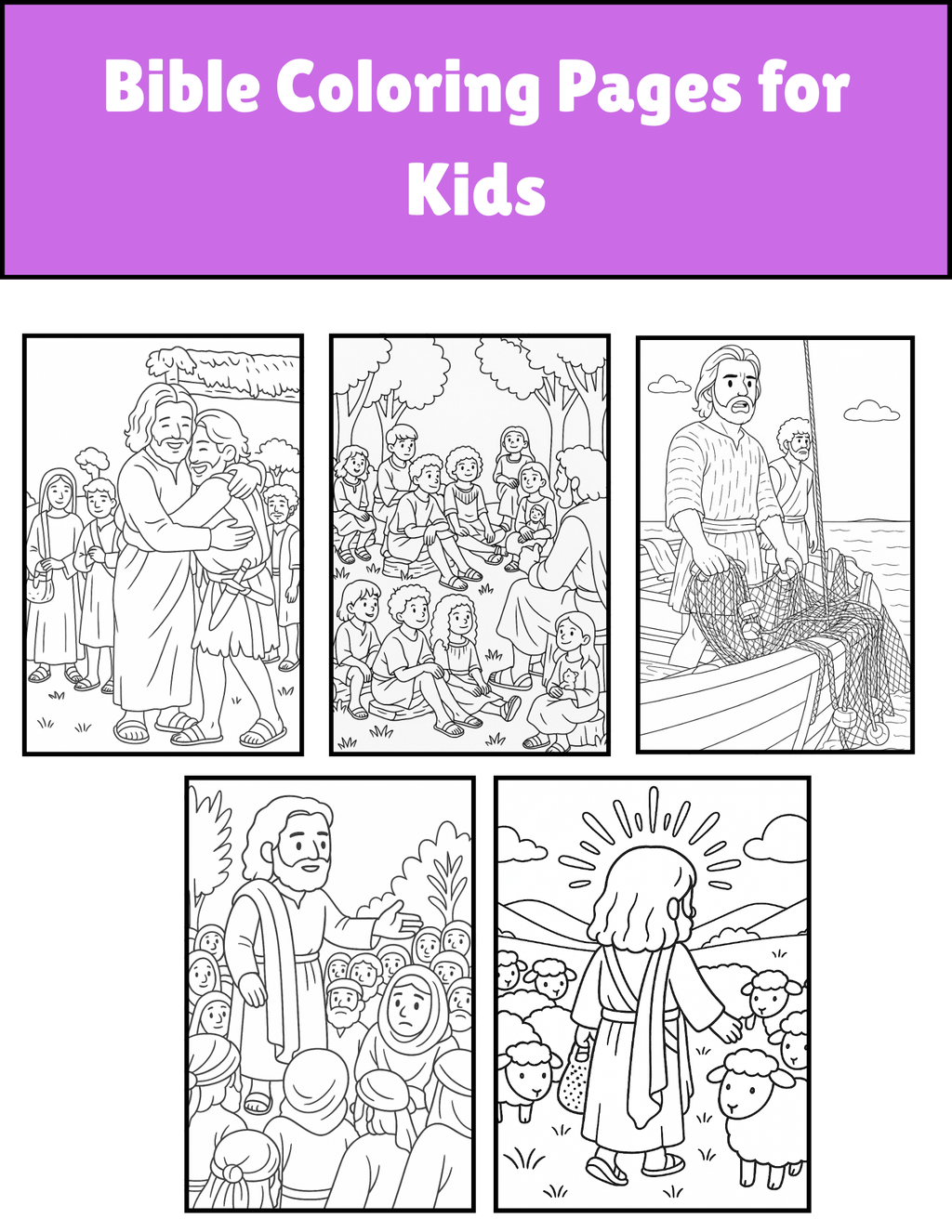 Colorful Bible coloring pages for kids featuring Jesus stories and scripture verses, designed for children’s religious learning.