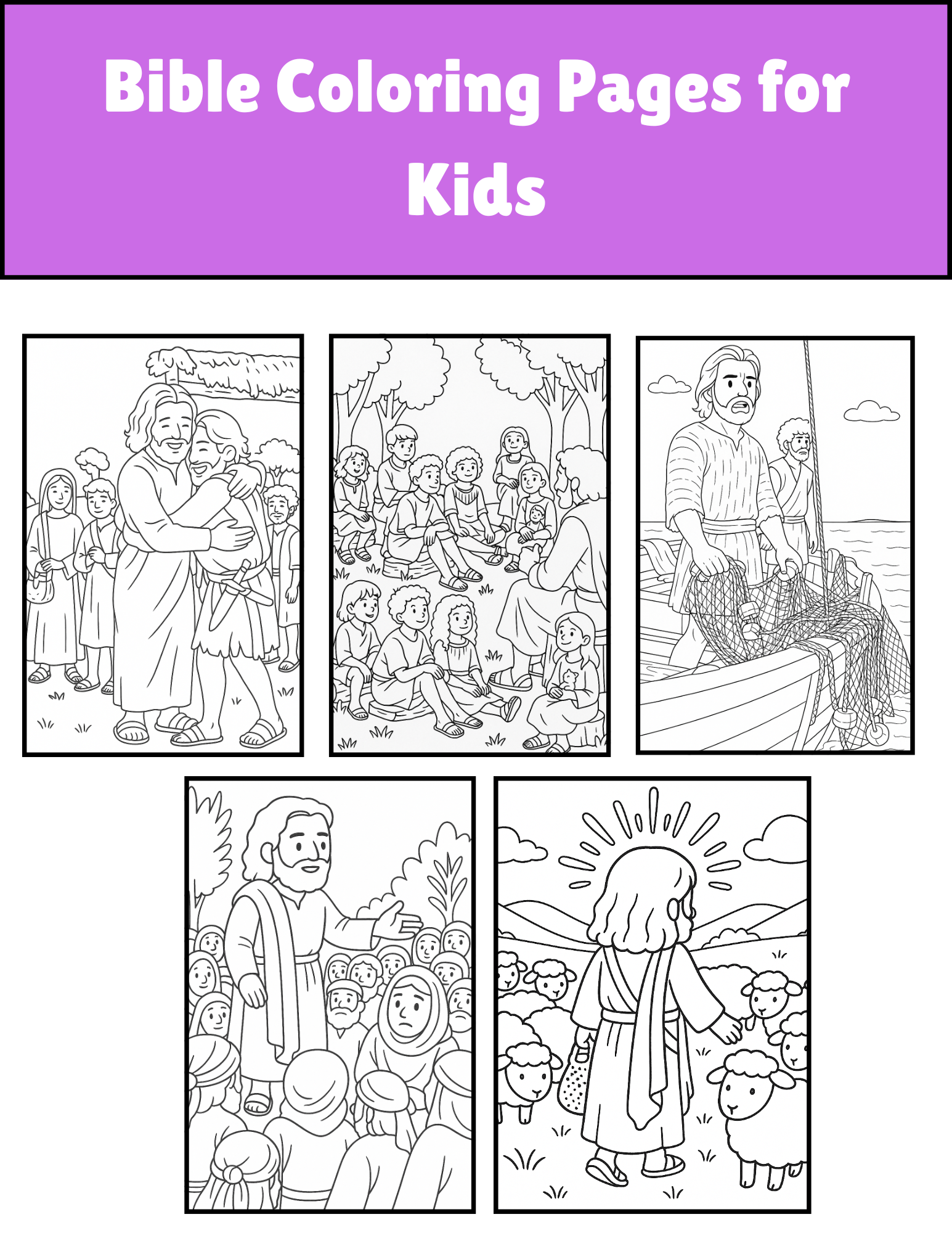 Colorful Bible coloring pages for kids featuring Jesus stories and scripture verses, designed for children’s religious learning.