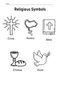 Catholic religious symbols coloring page featuring crosses, doves, and other Christian icons for children by Happy Suns Learning Co.