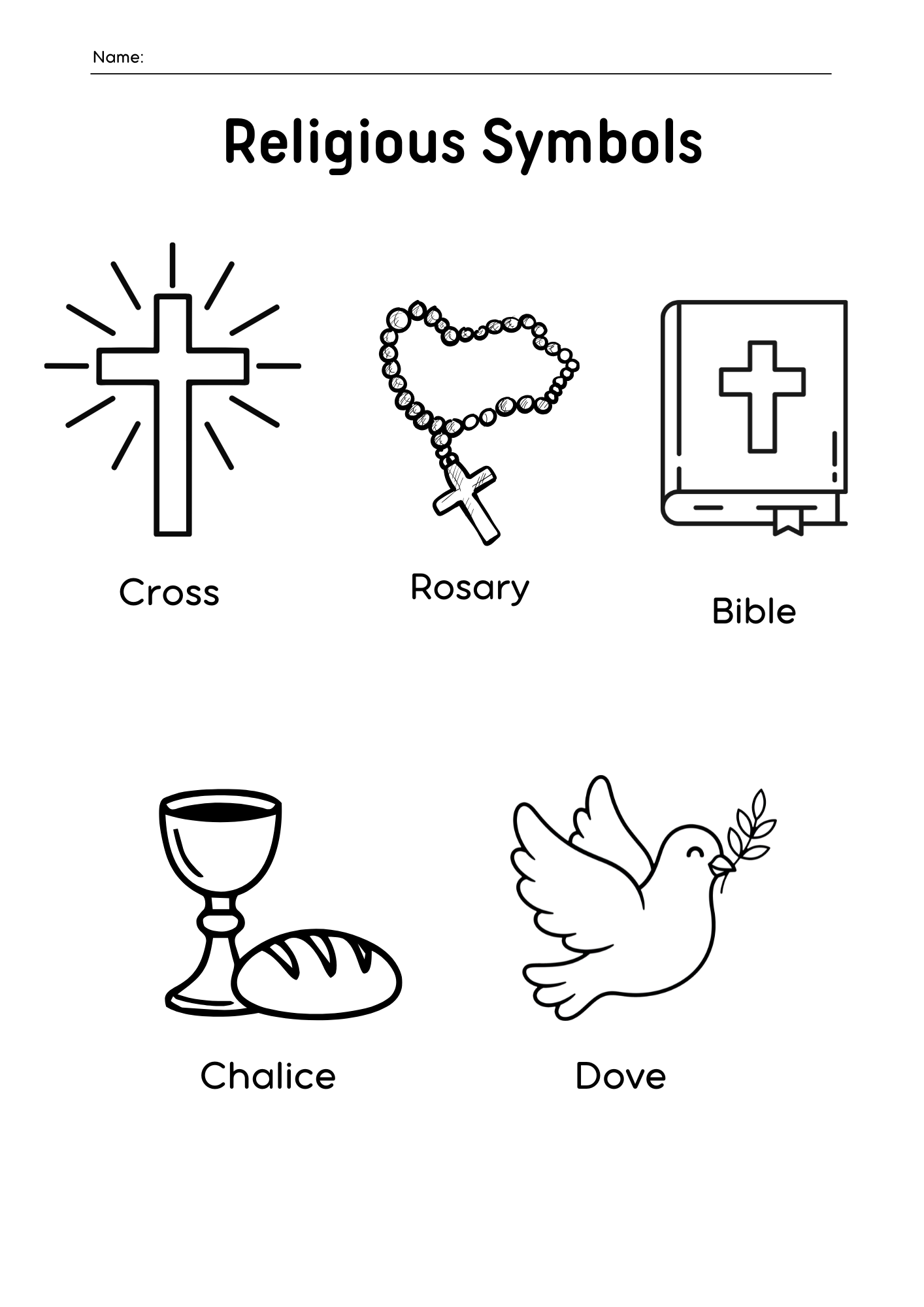 Catholic religious symbols coloring page featuring crosses, doves, and other Christian icons for children by Happy Suns Learning Co.
