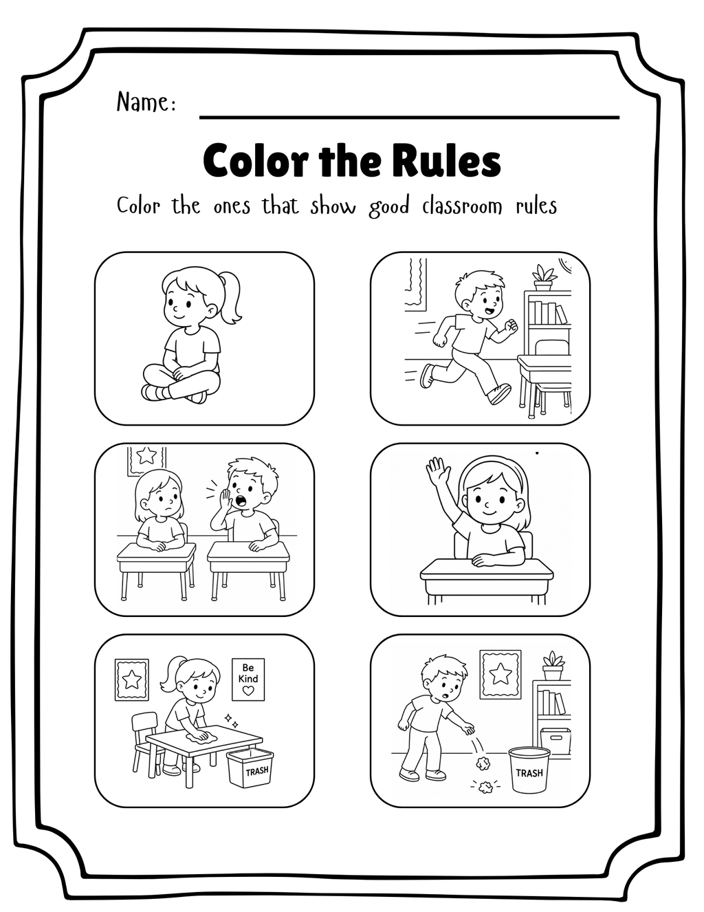 Colorful classroom rules activity sheet from Happy Suns Learning Co. for back-to-school classroom activities and student engagement.
