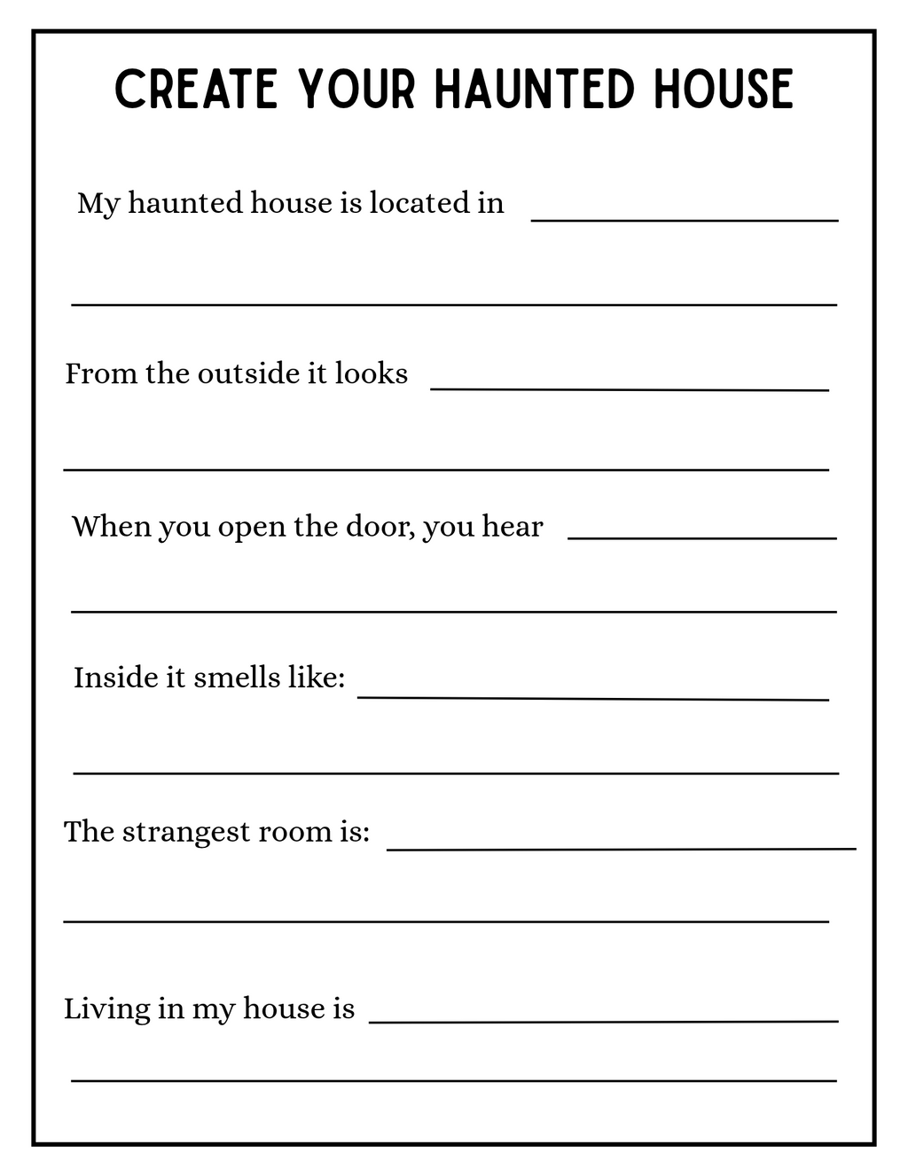 Halloween creative writing worksheet featuring a spooky haunted house and monster illustrations for kids by Happy Suns Learning Co.