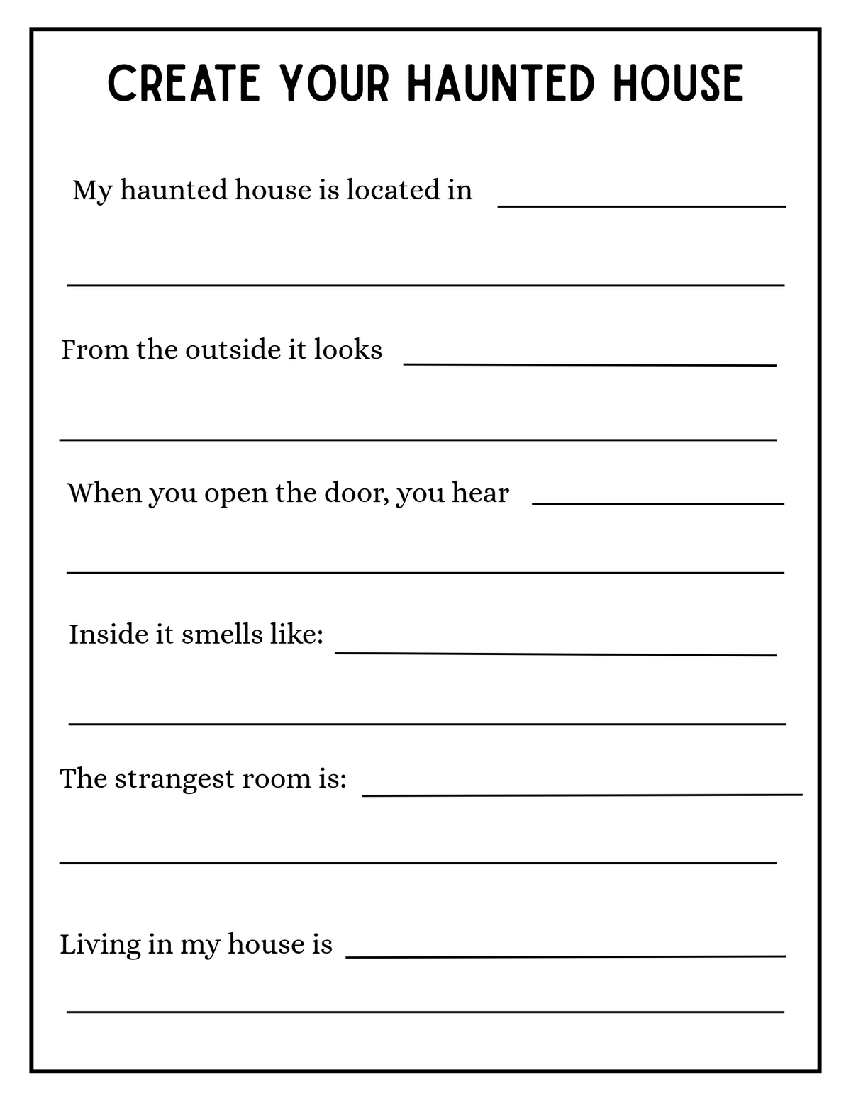 Halloween creative writing worksheet featuring a spooky haunted house and monster illustrations for kids by Happy Suns Learning Co.