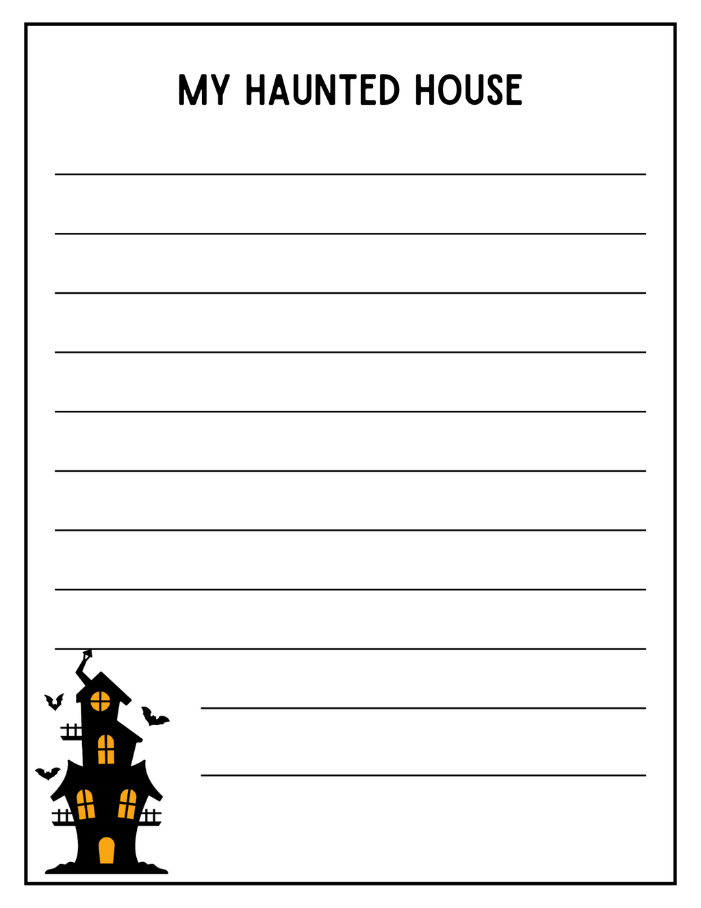 Halloween creative writing worksheet featuring a spooky haunted house and monsters, designed for children by Happy Suns Learning Co.