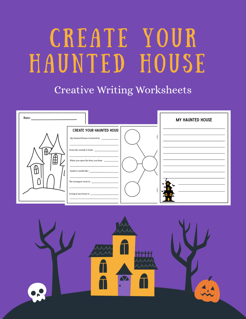 Halloween creative writing worksheet featuring spooky monsters for kids, designed by Happy Suns Learning Co.
