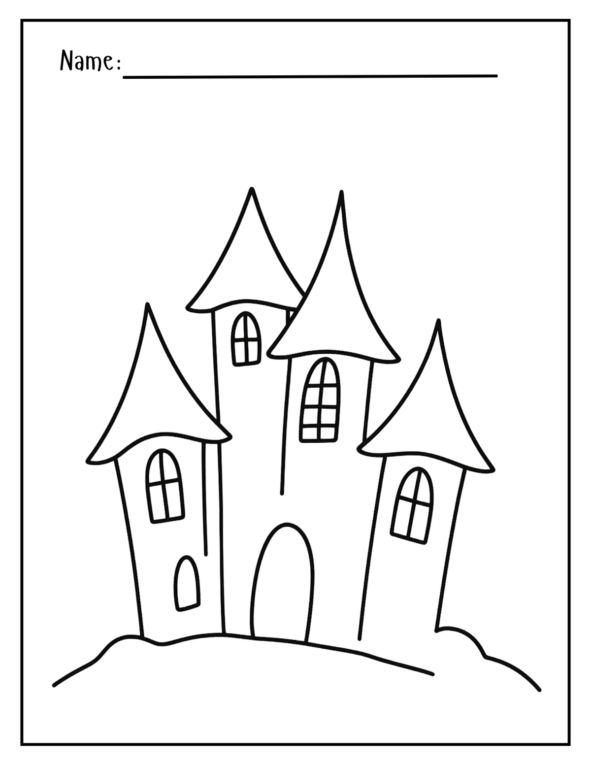 Halloween creative writing worksheet from Happy Suns Learning Co. featuring a spooky haunted house and monster illustrations for kids.