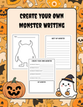 Create Your Own Monster Halloween creative writing worksheet by Happy Suns Learning Co. featuring fun monster illustrations and writing space.