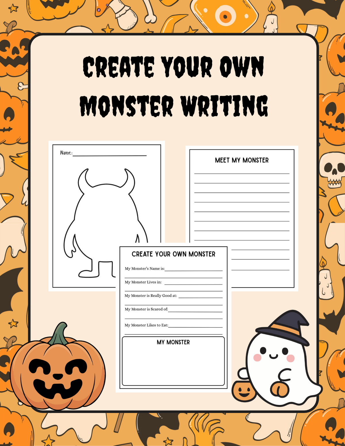 Create Your Own Monster Halloween creative writing worksheet by Happy Suns Learning Co. featuring fun monster illustrations and writing space.