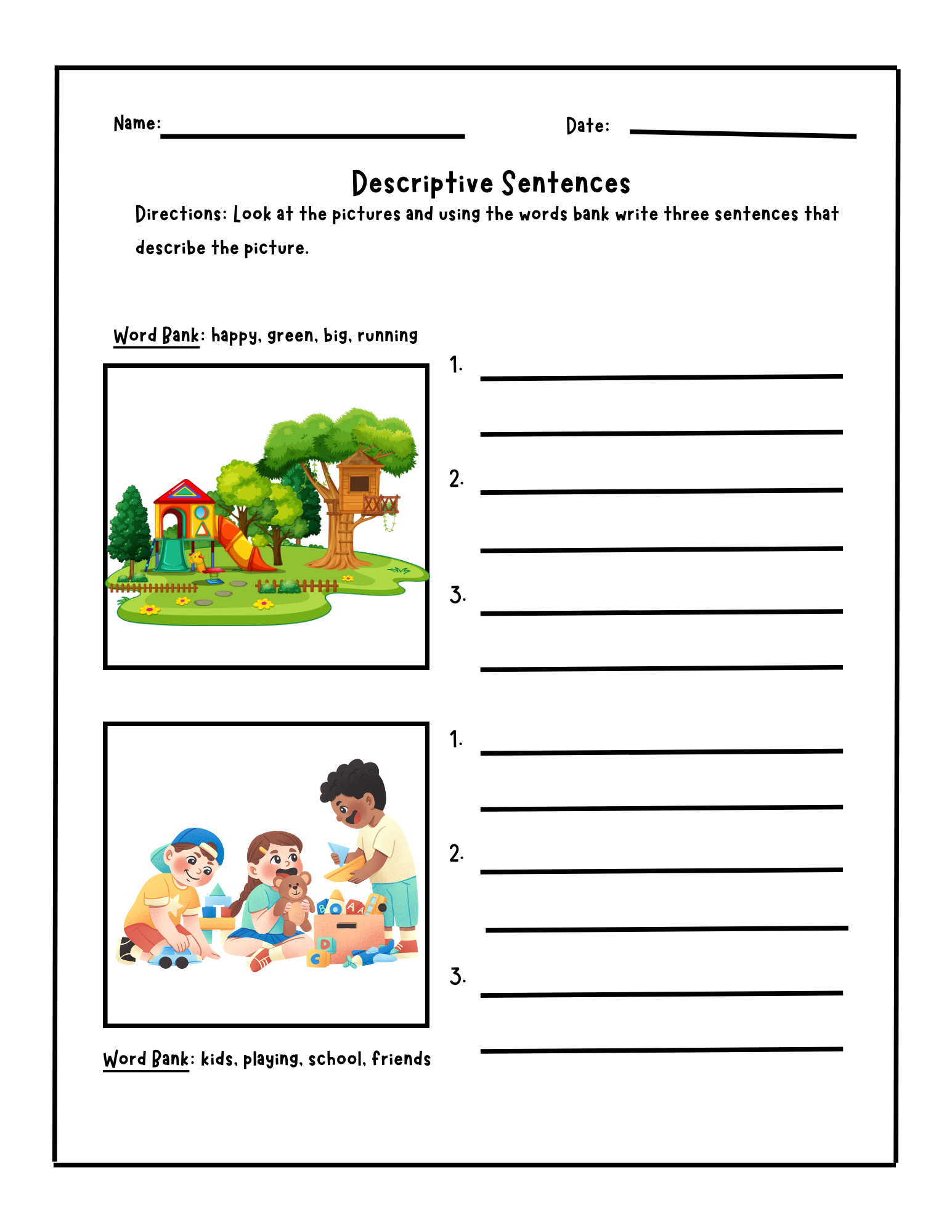 Happy Suns Learning Co. Descriptive Sentences Practice worksheet with example sentences and practice activities for language skills.