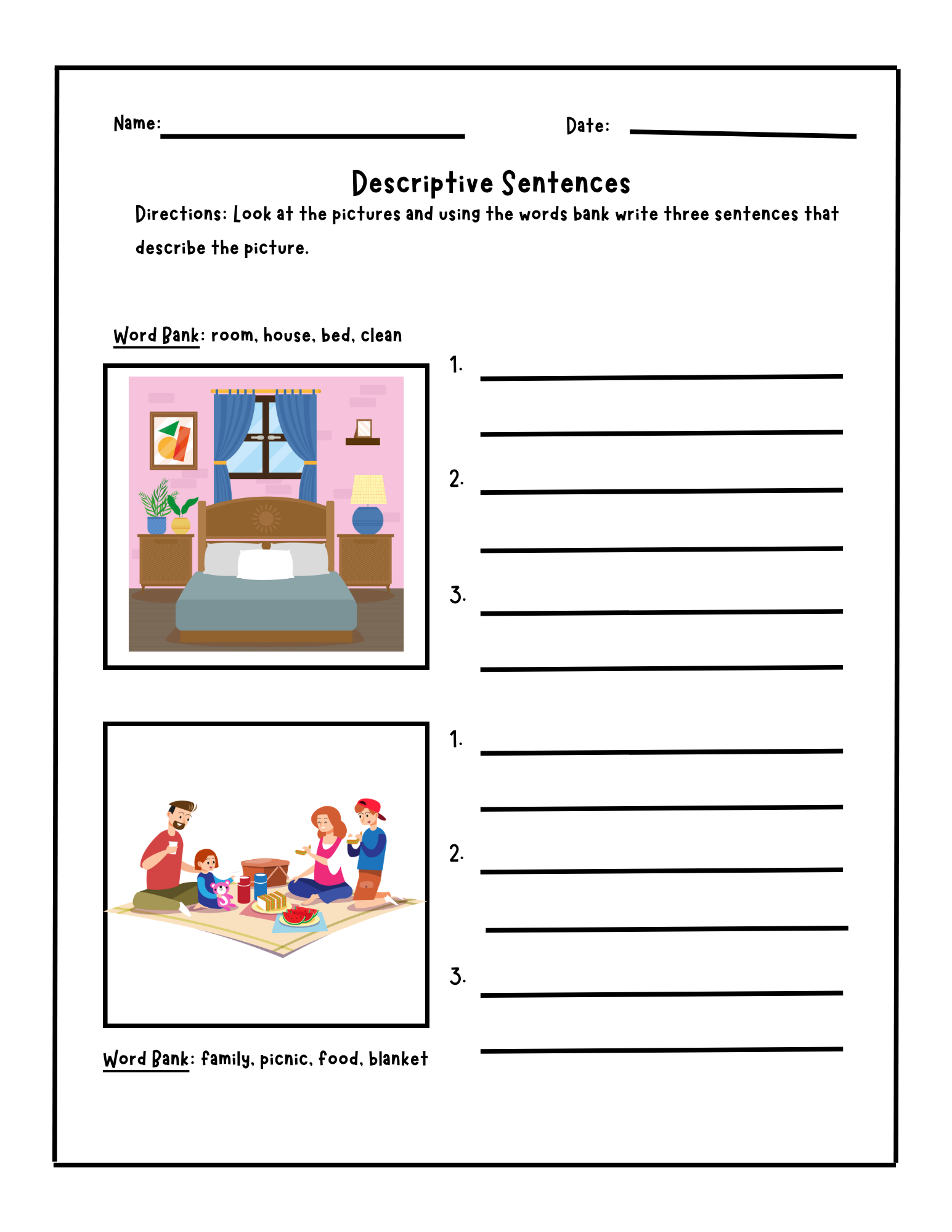 Worksheet showing colorful exercises for practicing descriptive sentences from Happy Suns Learning Co.