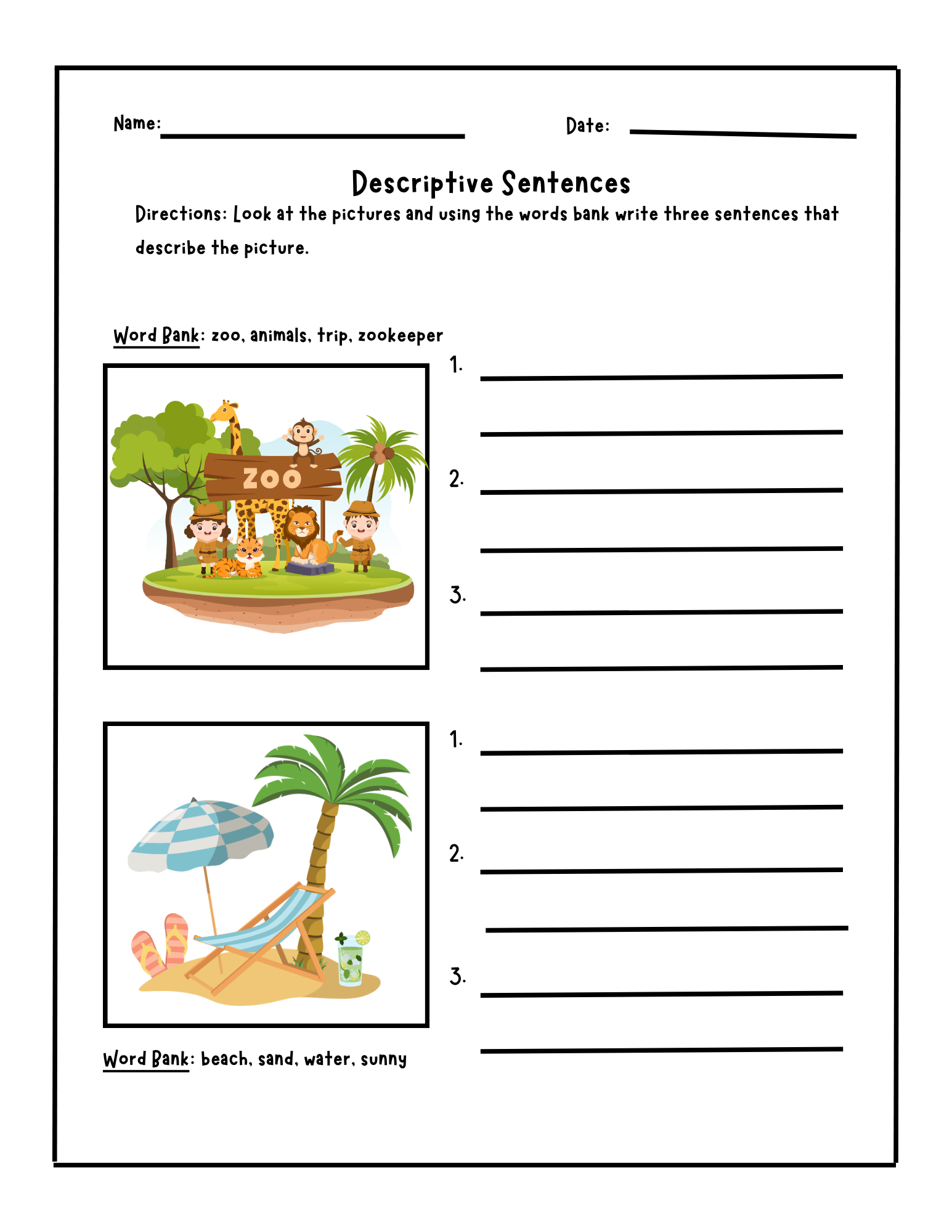 A colorful educational worksheet from Happy Suns Learning Co. featuring sentence practice exercises for descriptive writing.