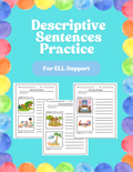 Worksheet showing examples of descriptive sentences for practice, designed for educational use by Happy Suns Learning Co.