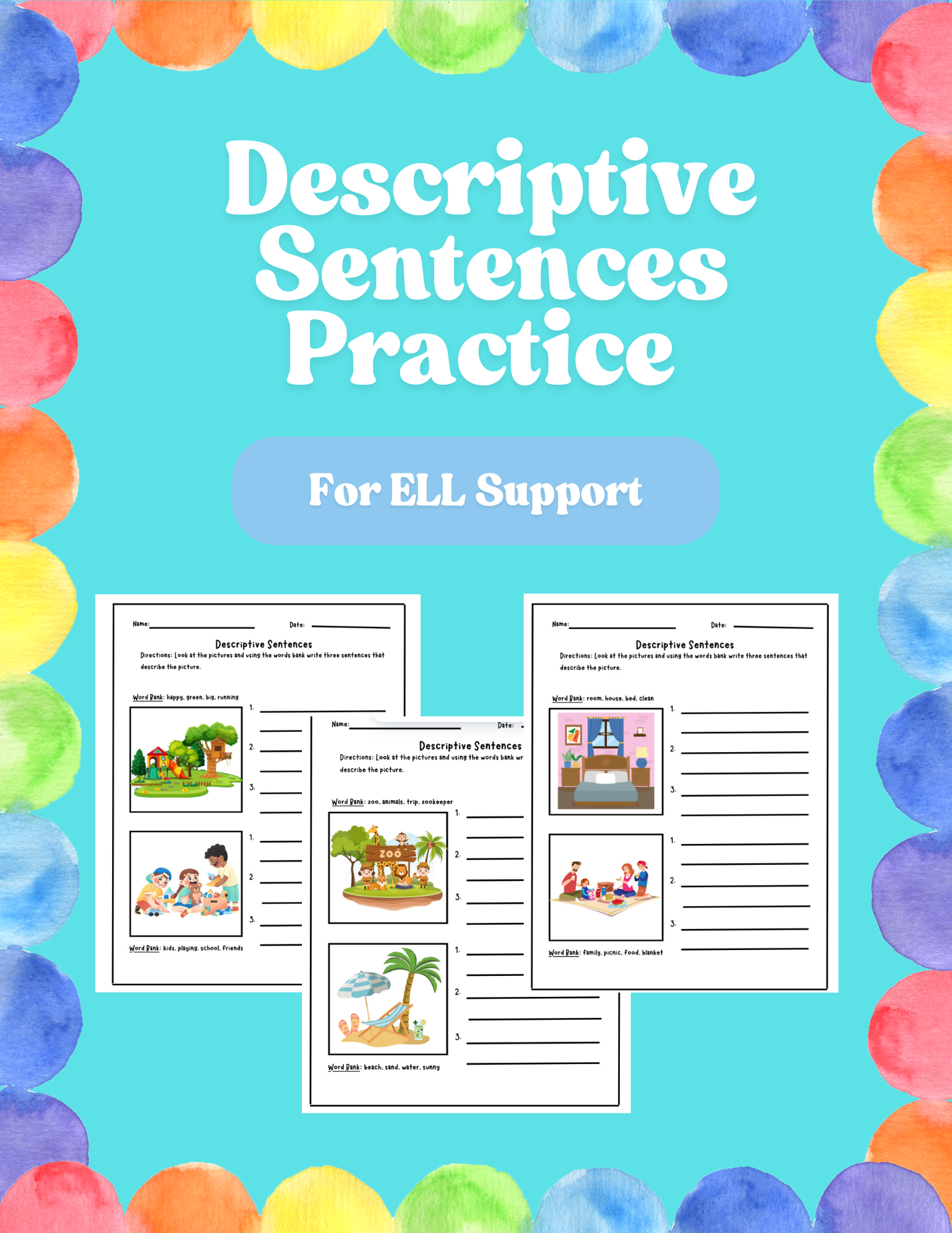 Worksheet showing examples of descriptive sentences for practice, designed for educational use by Happy Suns Learning Co.