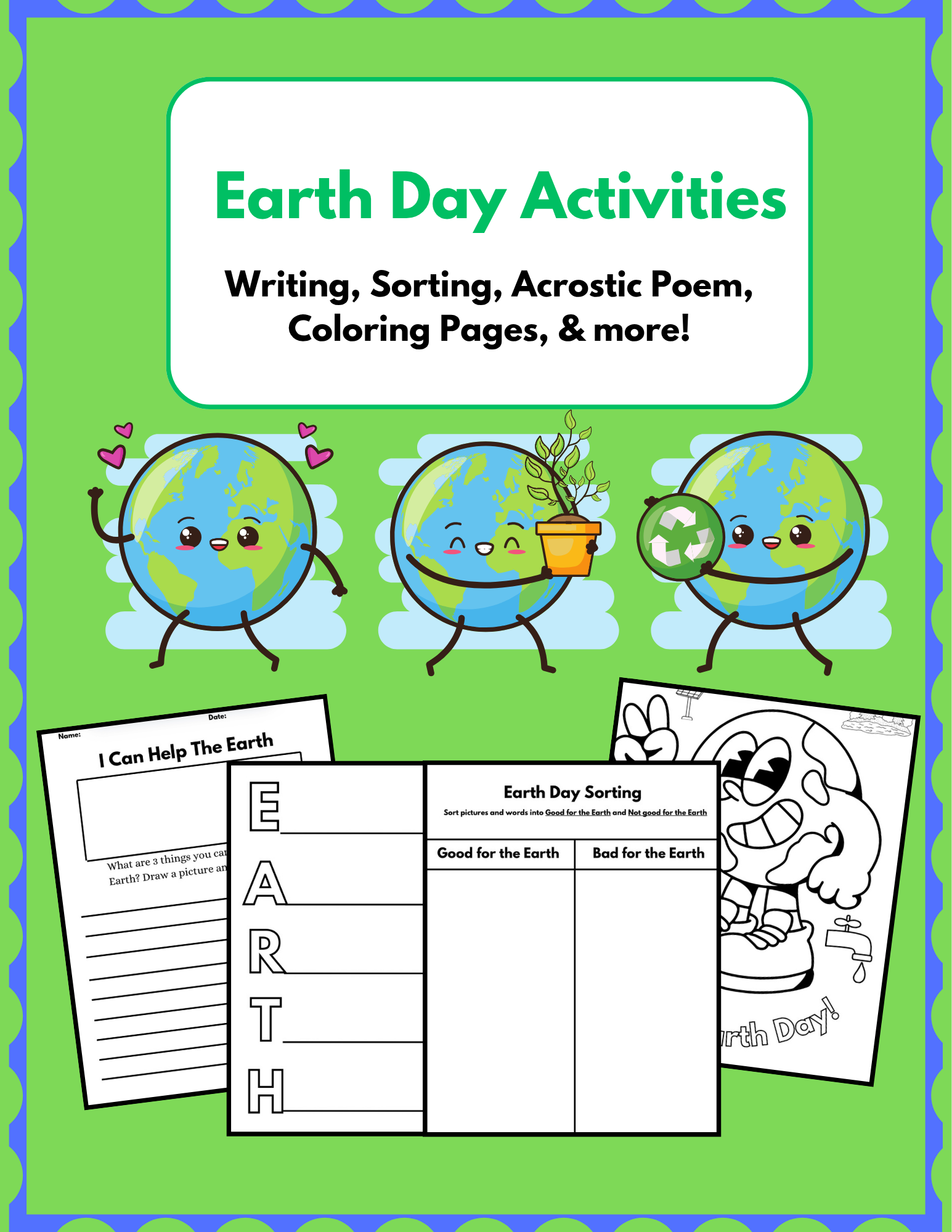 Colorful Earth Day activities for kids including writing, sorting, and coloring pages from Happy Suns Learning Co.