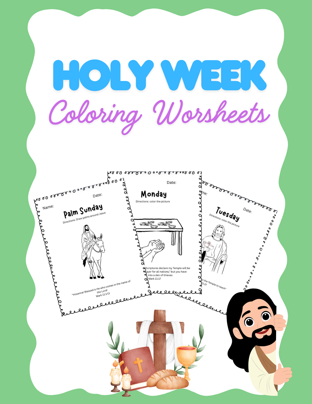 Holy Week coloring worksheets for kids with Bible-themed illustrations, designed for educational and religious activities.