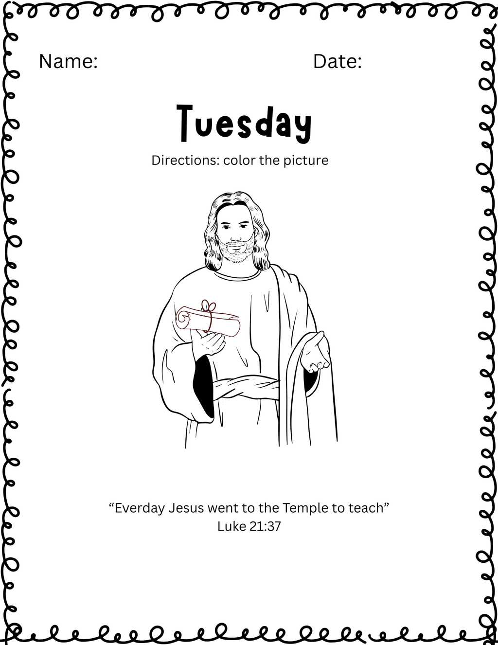 Coloring worksheet for Holy Week Bible activities for kids featuring religious scenes and illustrations from Happy Suns Learning Co.