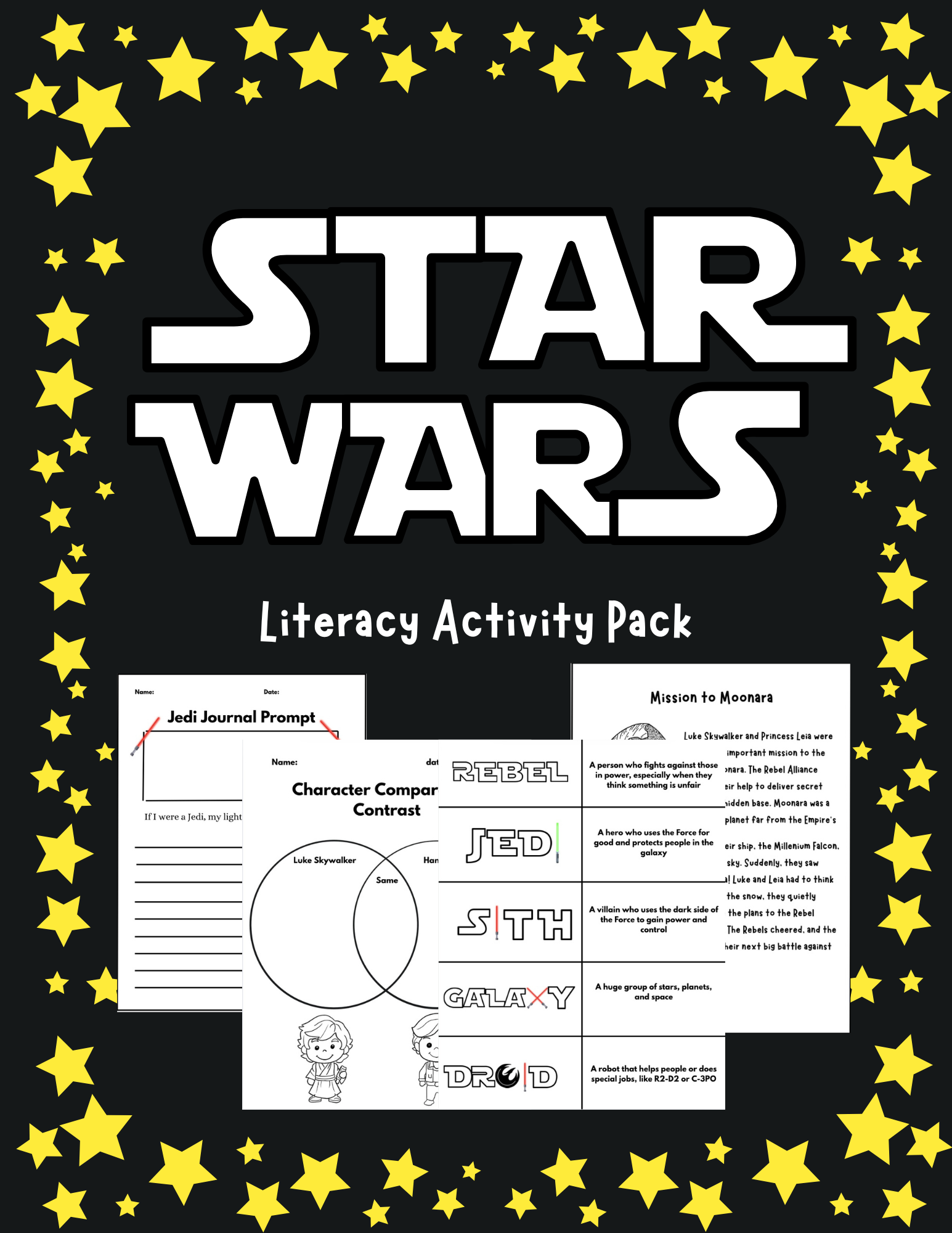 Star Wars literacy activity pack by Happy Suns Learning Co. with Jedi-themed reading and writing prompts for May the 4th.
