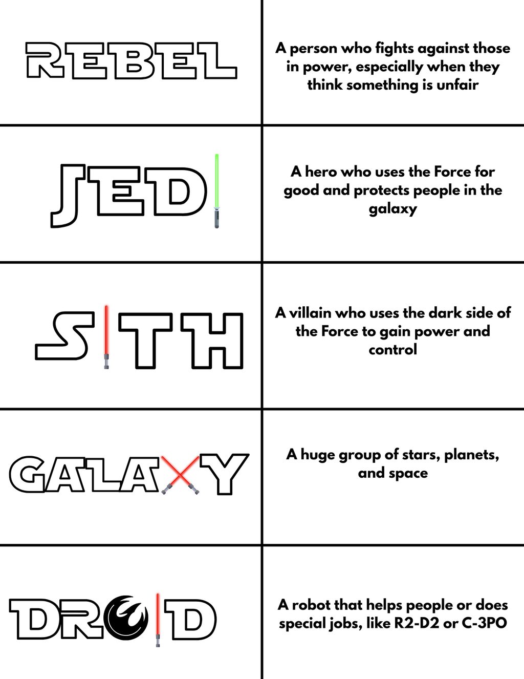Star Wars literacy activity pack from Happy Suns Learning Co. featuring Jedi-themed reading and writing prompts on a colorful page.
