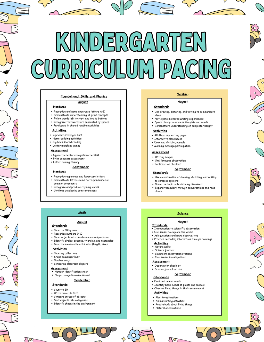 Kindergarten curriculum planning guide by Happy Suns Learning Co. showing colorful lesson planning pages and educational resources.