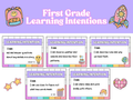 Colorful first grade learning intentions poster with cute kawaii style classroom success criteria, designed by Happy Suns Learning Co.