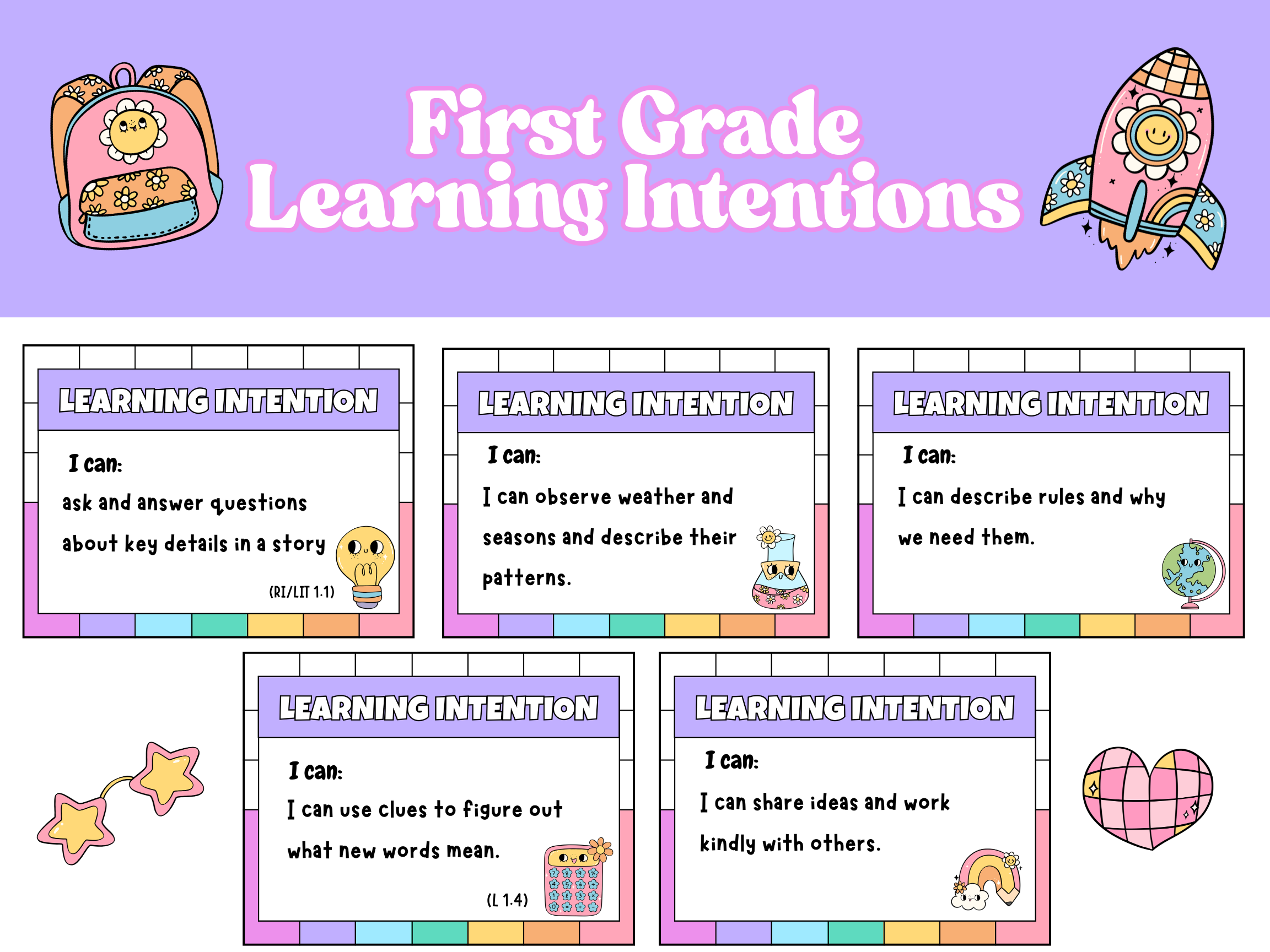 Colorful first grade learning intentions poster with cute kawaii style classroom success criteria, designed by Happy Suns Learning Co.