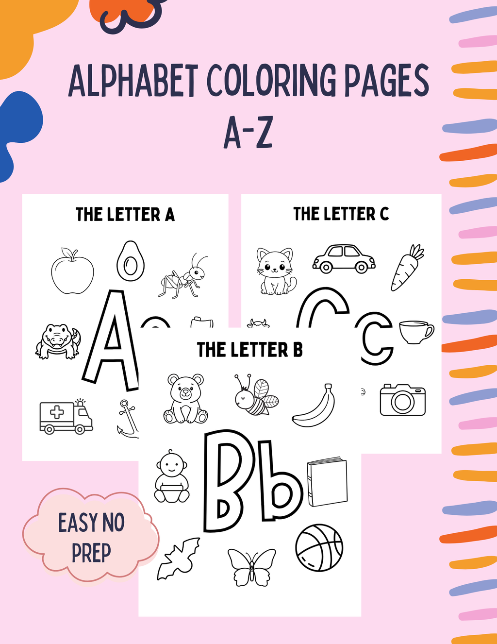 Colorful alphabet coloring pages featuring uppercase and lowercase letters from A to Z for preschool and kindergarten students.