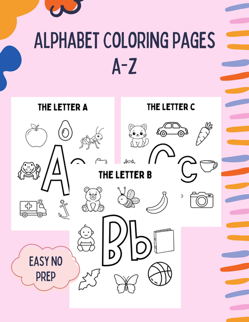 Colorful alphabet coloring pages featuring uppercase and lowercase letters from A to Z for preschool and kindergarten students.