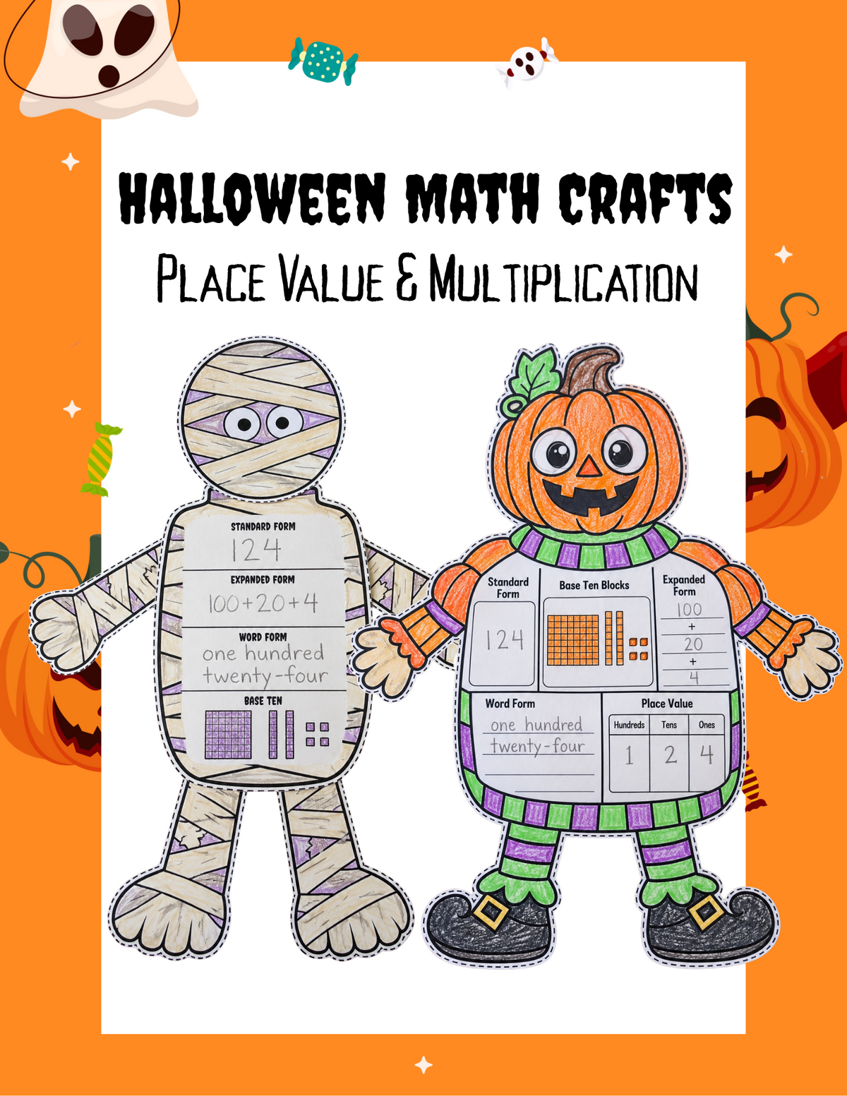 Halloween math crafts with a mummy and pumpkin, focusing on place value and multiplication by Happy Suns Learning Co.