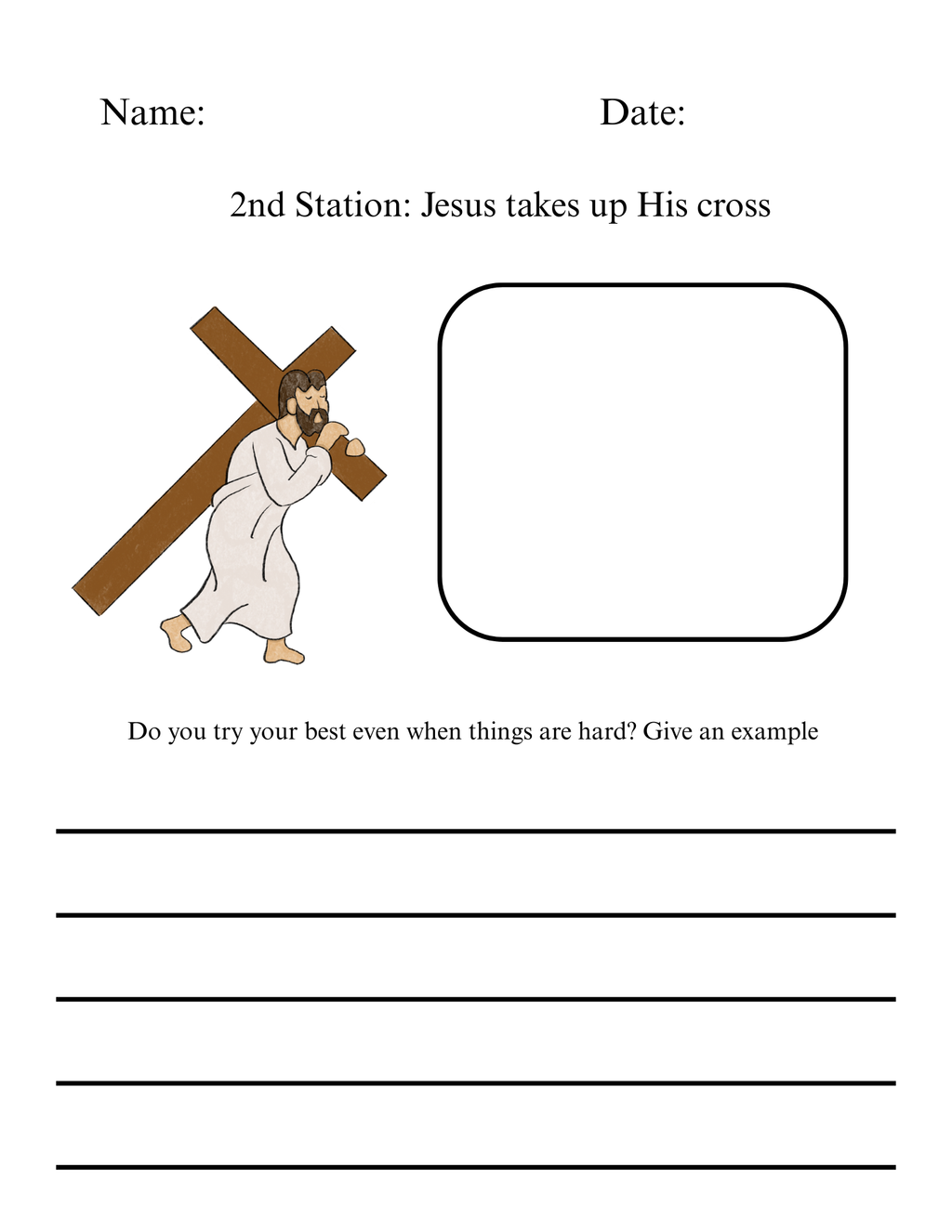 Children's Stations of the Cross activity sheet from Happy Suns Learning Co., featuring colorful illustrations for Catholic religious education.