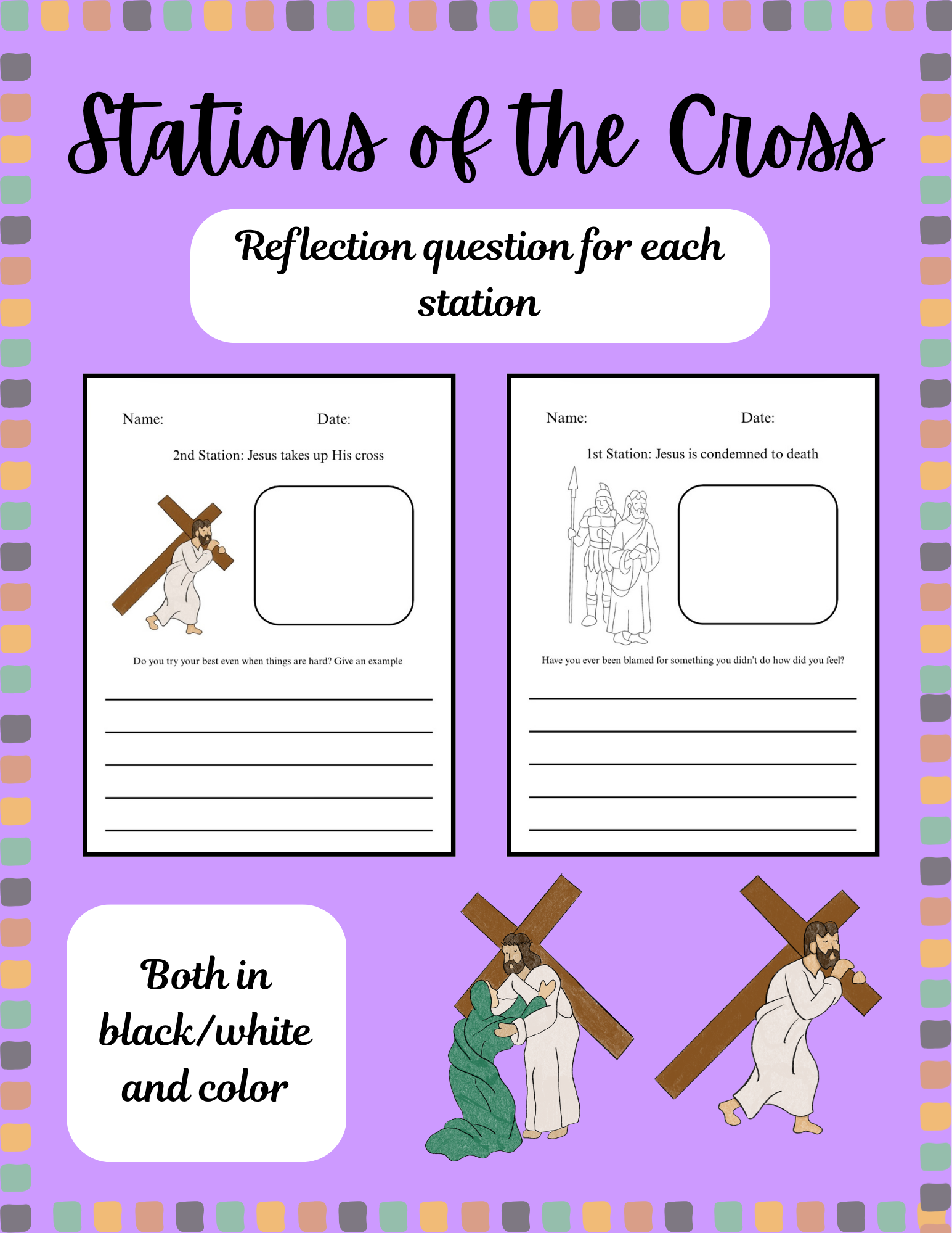 Colorful Stations of the Cross activity for kids by Happy Suns Learning Co., featuring illustrated religious scenes for Catholic education.