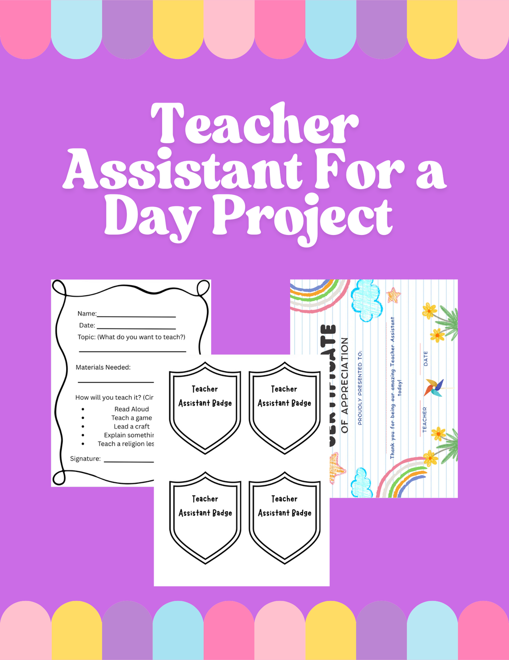 Teacher assistant role for a leadership activity from Happy Suns Learning Co., featuring a classroom setting with students and a teacher.