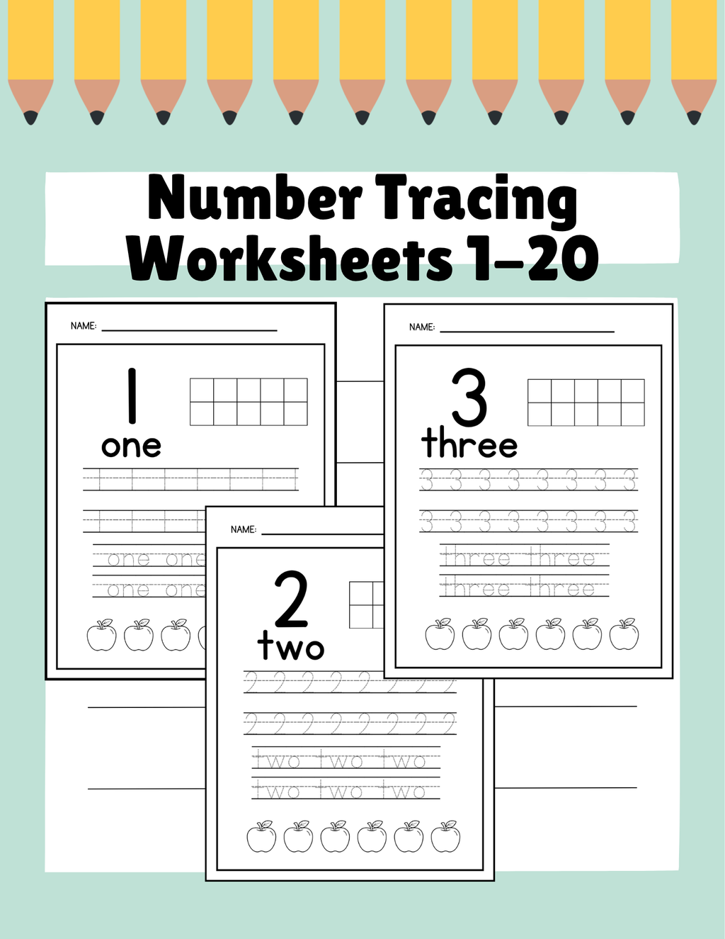 Number tracing worksheets for numbers 1-20, colorful kindergarten math activities from Happy Suns Learning Co.