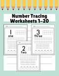 Number tracing worksheets for numbers 1-20, colorful kindergarten math activities from Happy Suns Learning Co.