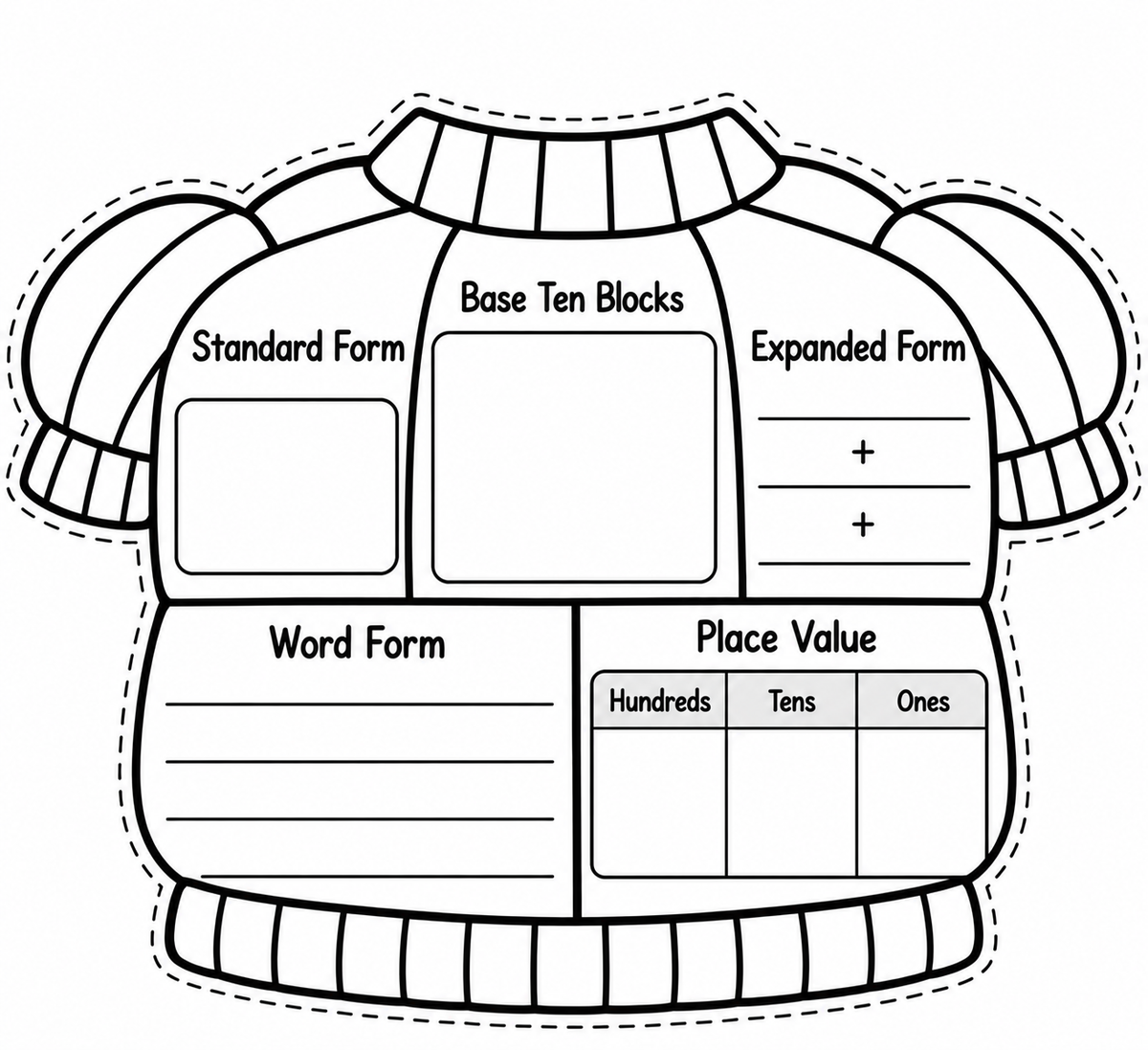 Pumpkin sweater worksheet showing Halloween math crafts with place value and multiplication activities by Happy Suns Learning Co.