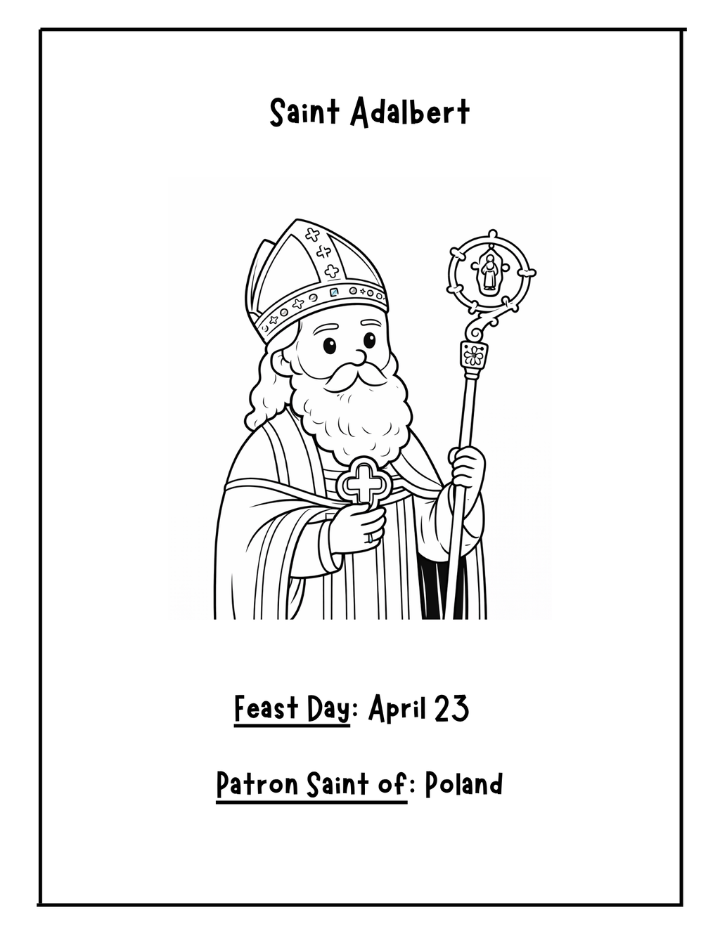 Colorful Saint Adalbert activities sheet from Happy Suns Learning Co. featuring educational illustrations and religious symbols.
