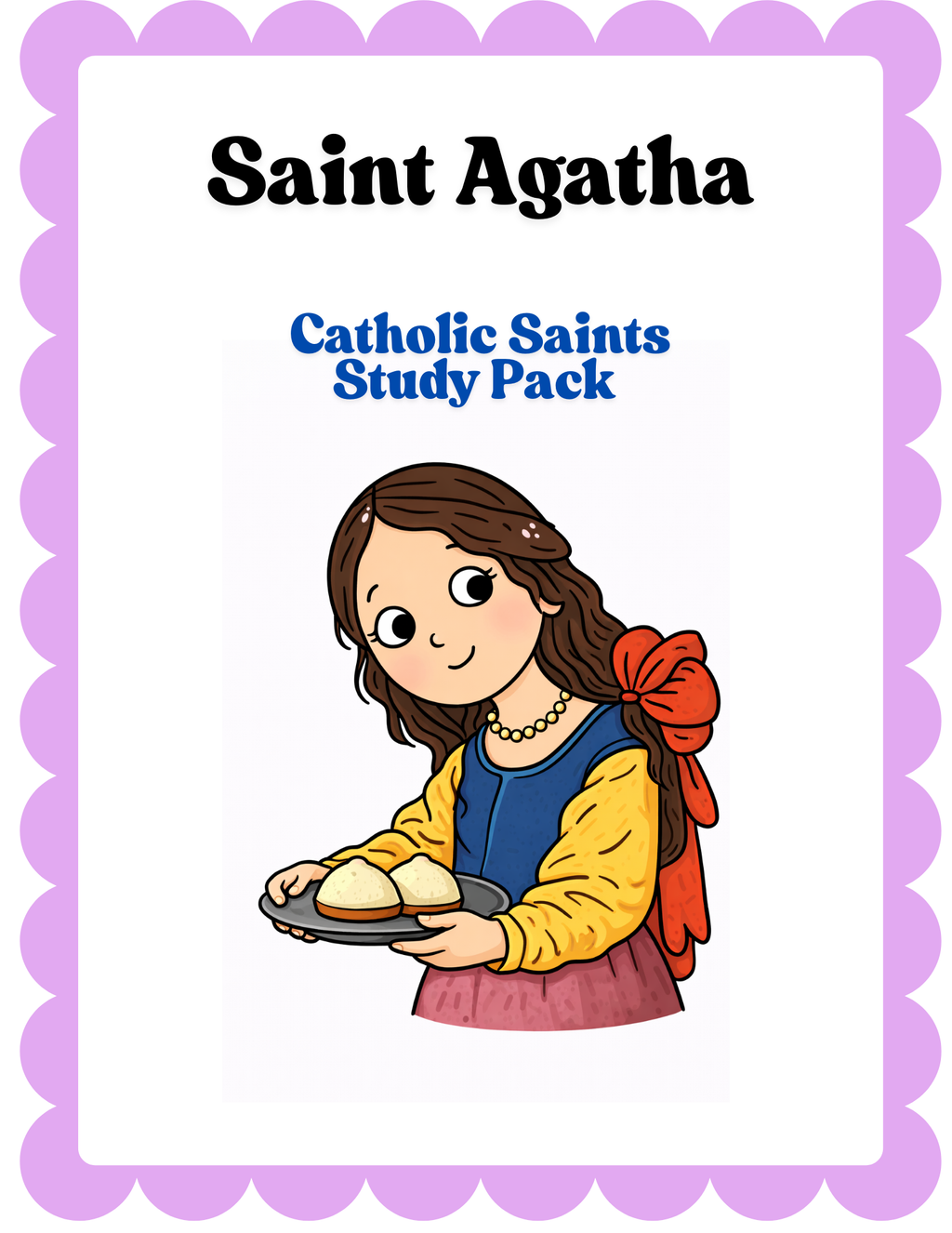Catholic worksheet featuring Saint Agatha with religious symbols, designed for educational use by Happy Suns Learning Co.