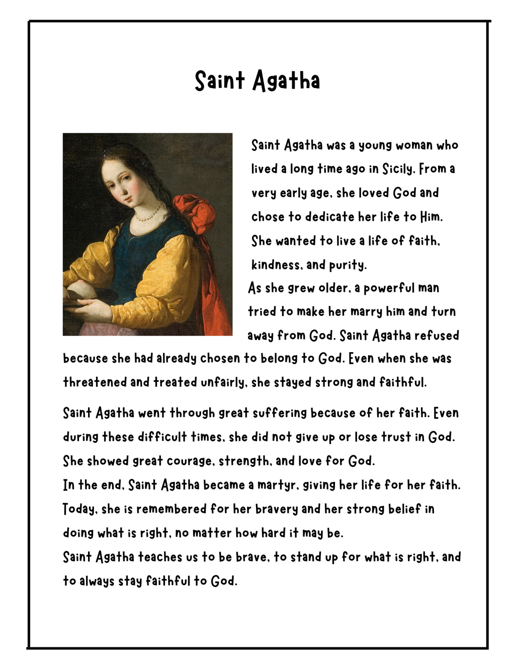 Catholic worksheet featuring Saint Agatha with religious illustrations and educational content for children by Happy Suns Learning Co.