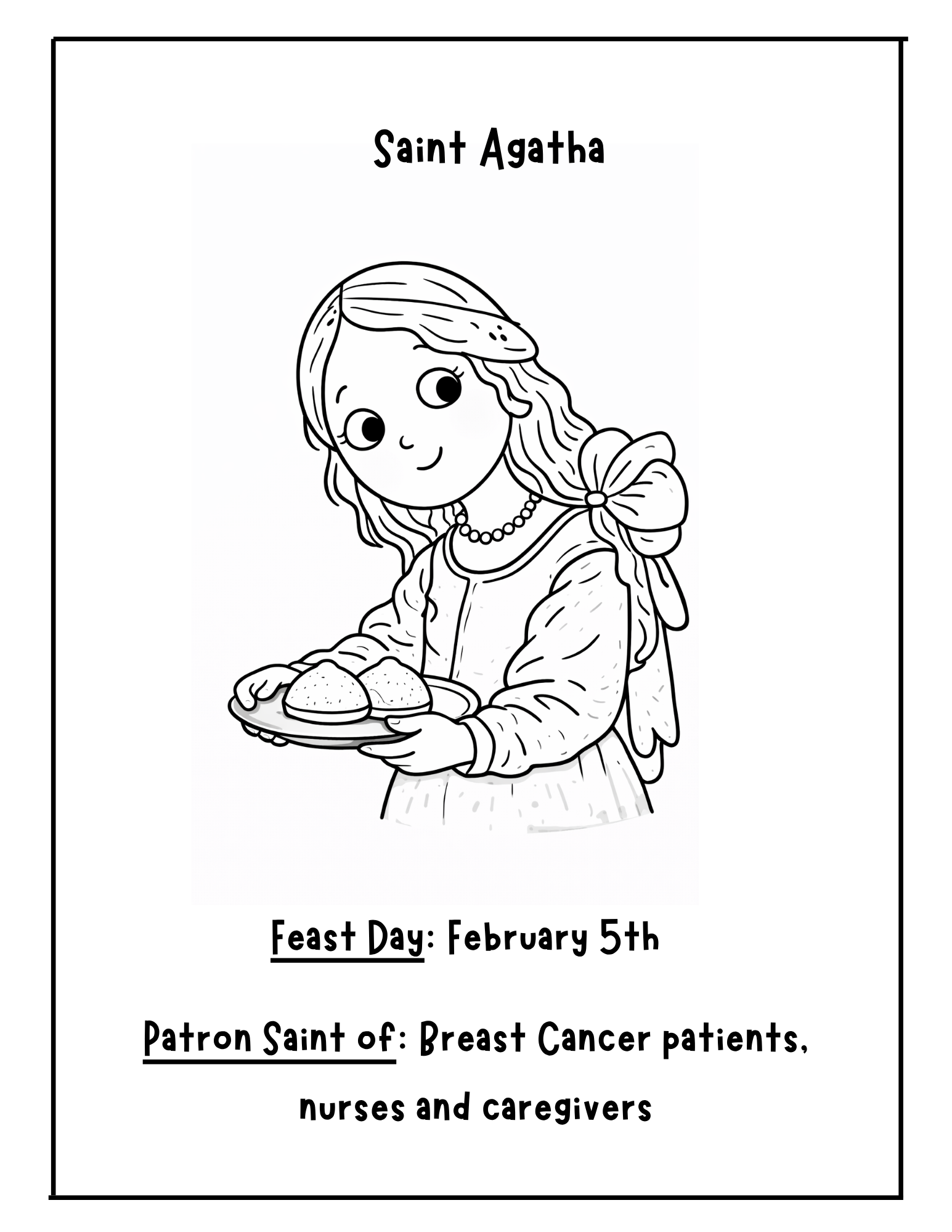 Catholic worksheet featuring Saint Agatha with religious illustrations and educational content for learning about her life.