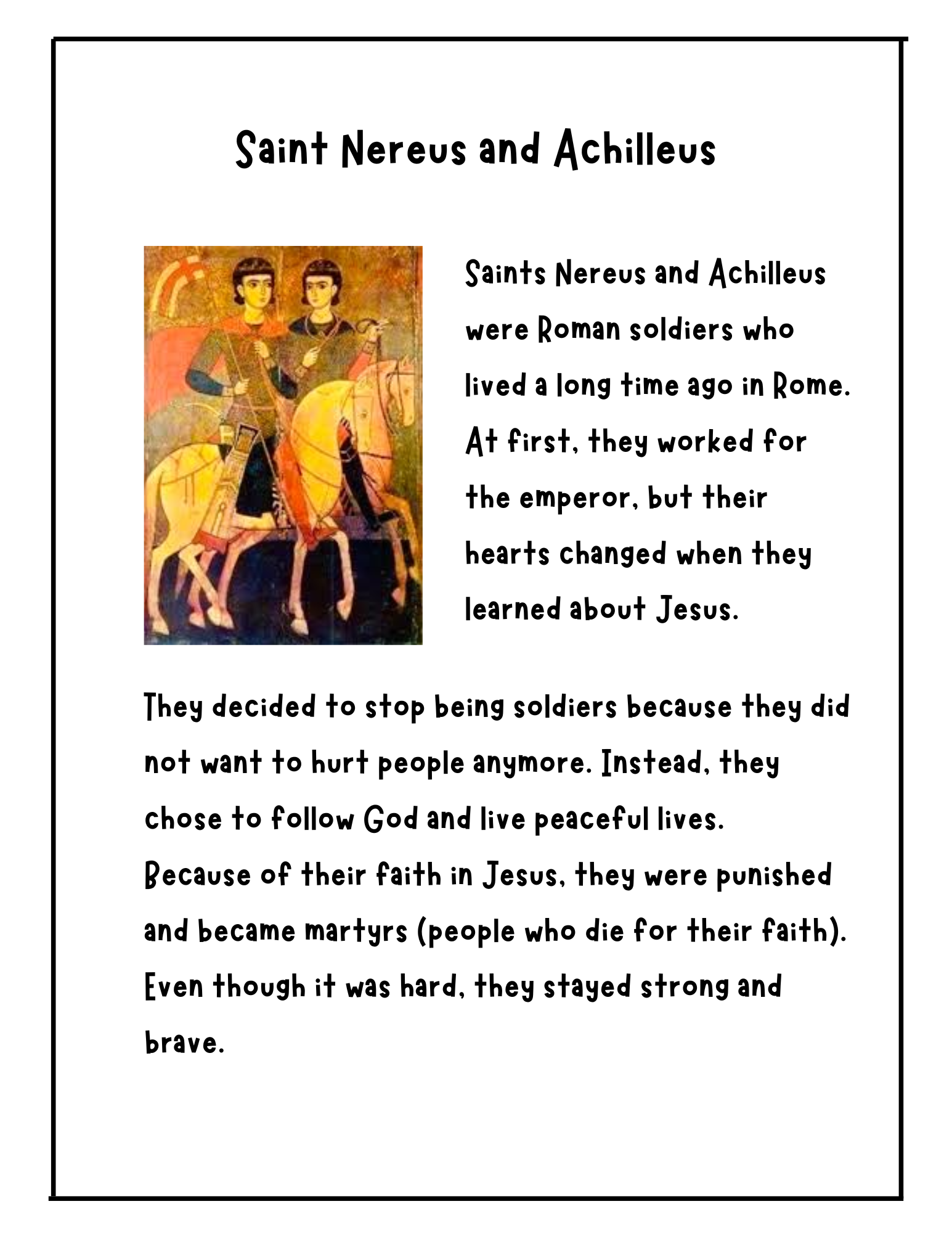 Colorful activity pack featuring Saint Nereus and Achilleus with educational illustrations for children by Happy Suns Learning Co.